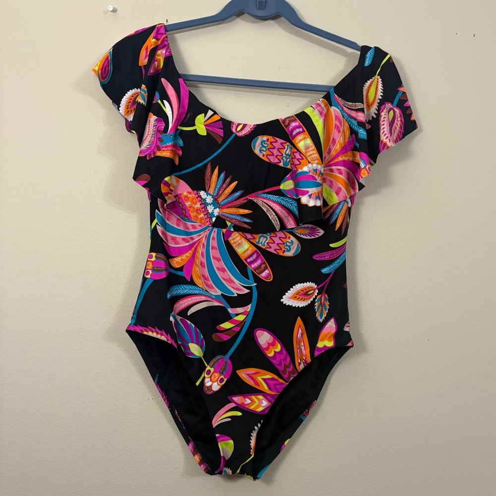 NWT Trina Turk Swimsuit one piece women’s 10 black pink flowers